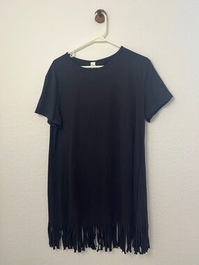Festival Black Short Sleeve Tee with Fringe Hem